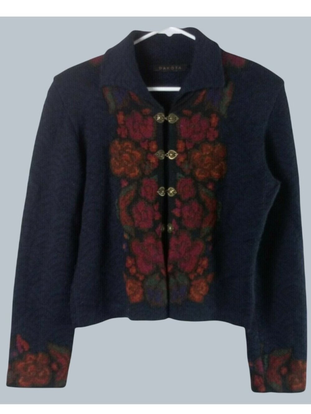 Dakota Pure Alpaca Hand Loomed Floral Cardigan Womens M L Navy Folk Artisan